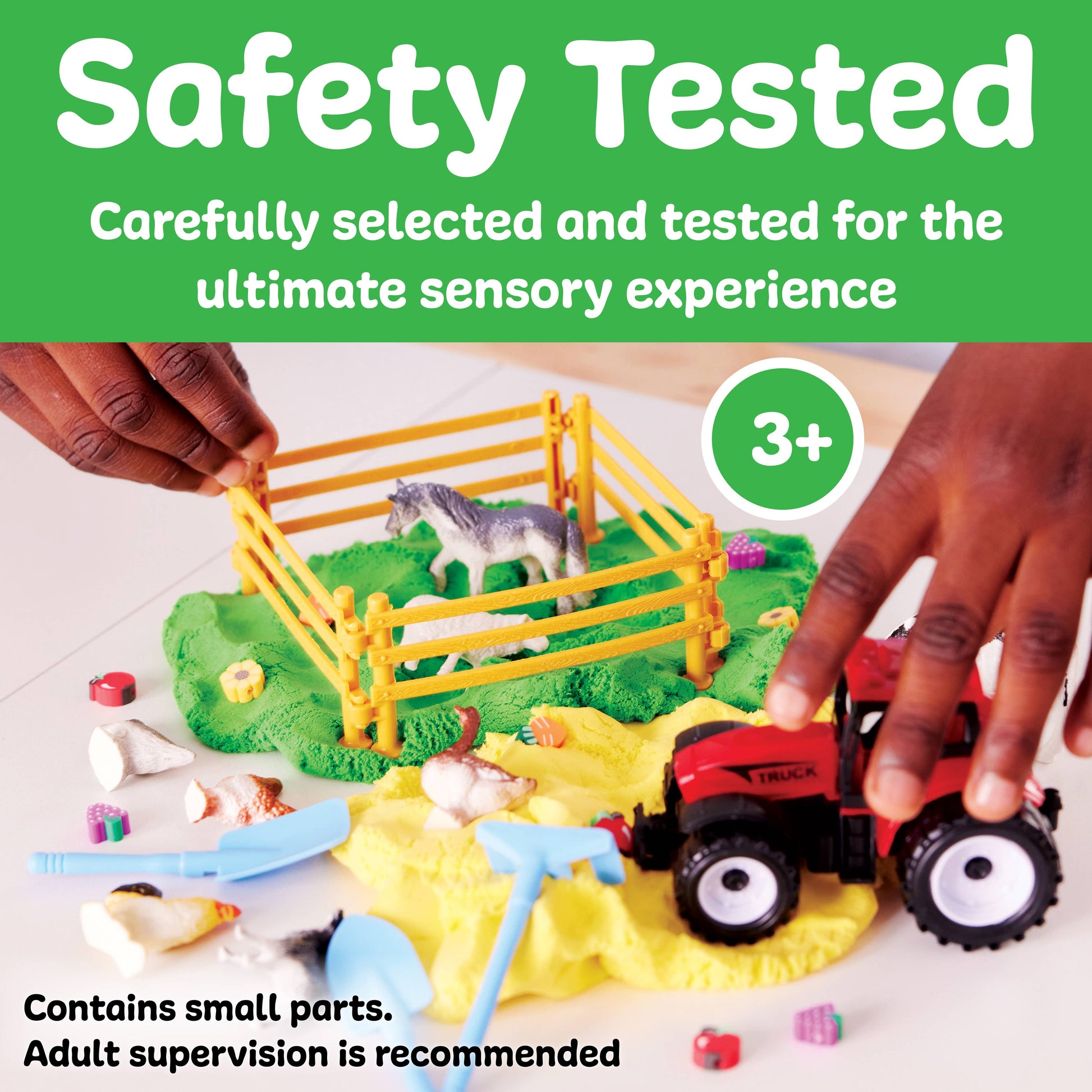 Children playing with a toy farm set on a white surface, with text indicating safety testing and age recommendation.