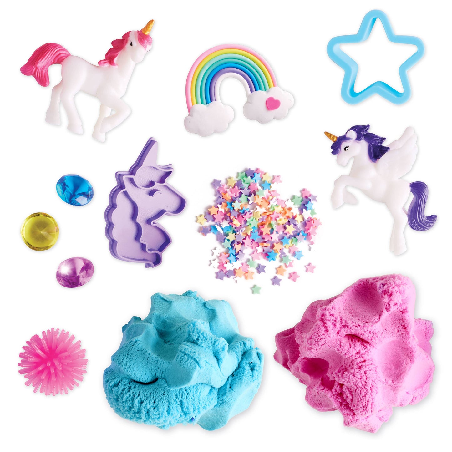 Collection of unicorn-themed toys and play materials including figures, sand, and molds on a white background.
