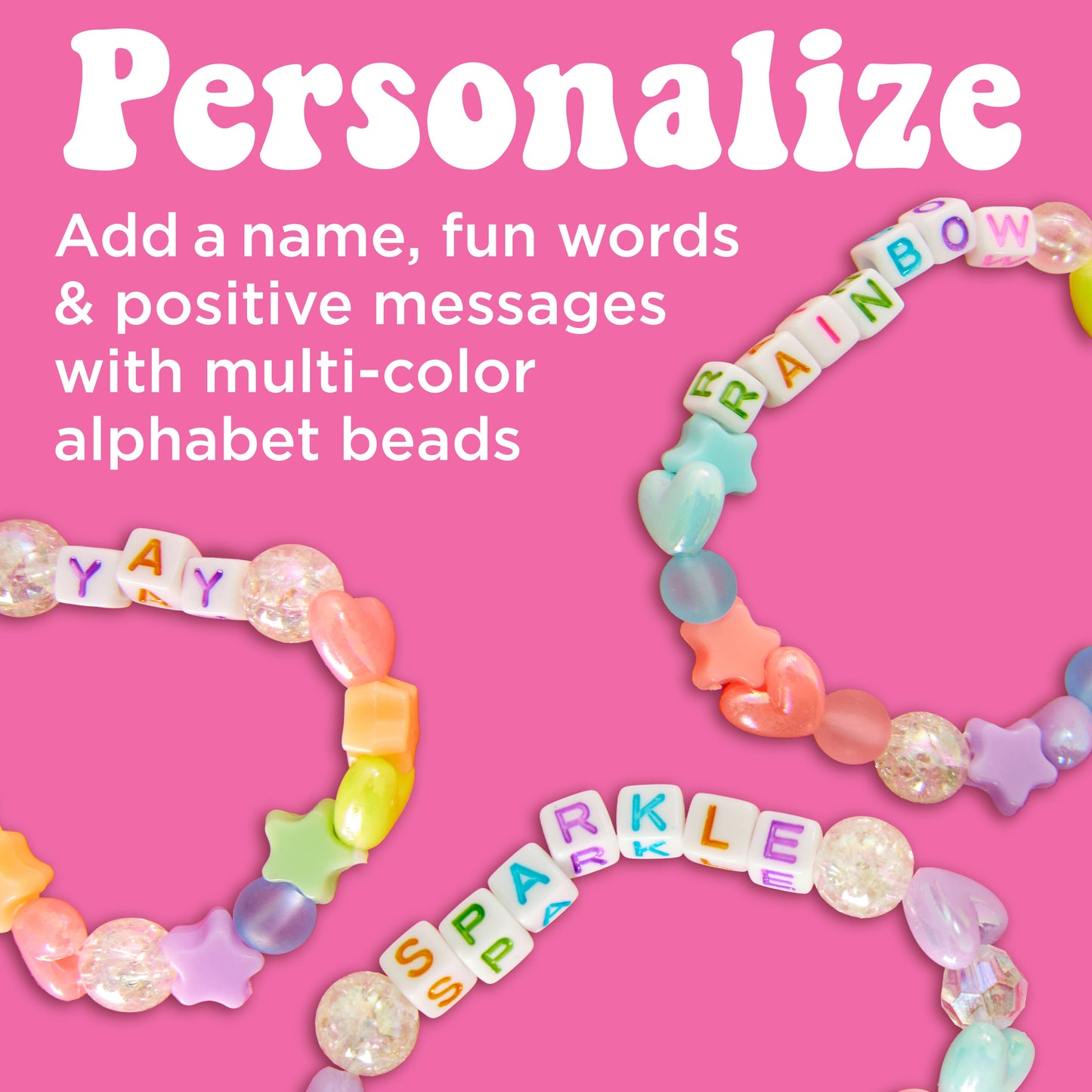 Colorful alphabet beads on a pink background with text encouraging personalization.