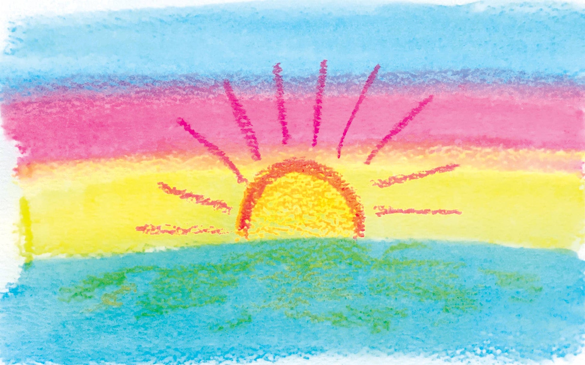 Colorful illustration of a sun rising over water with pink, yellow, and blue hues.