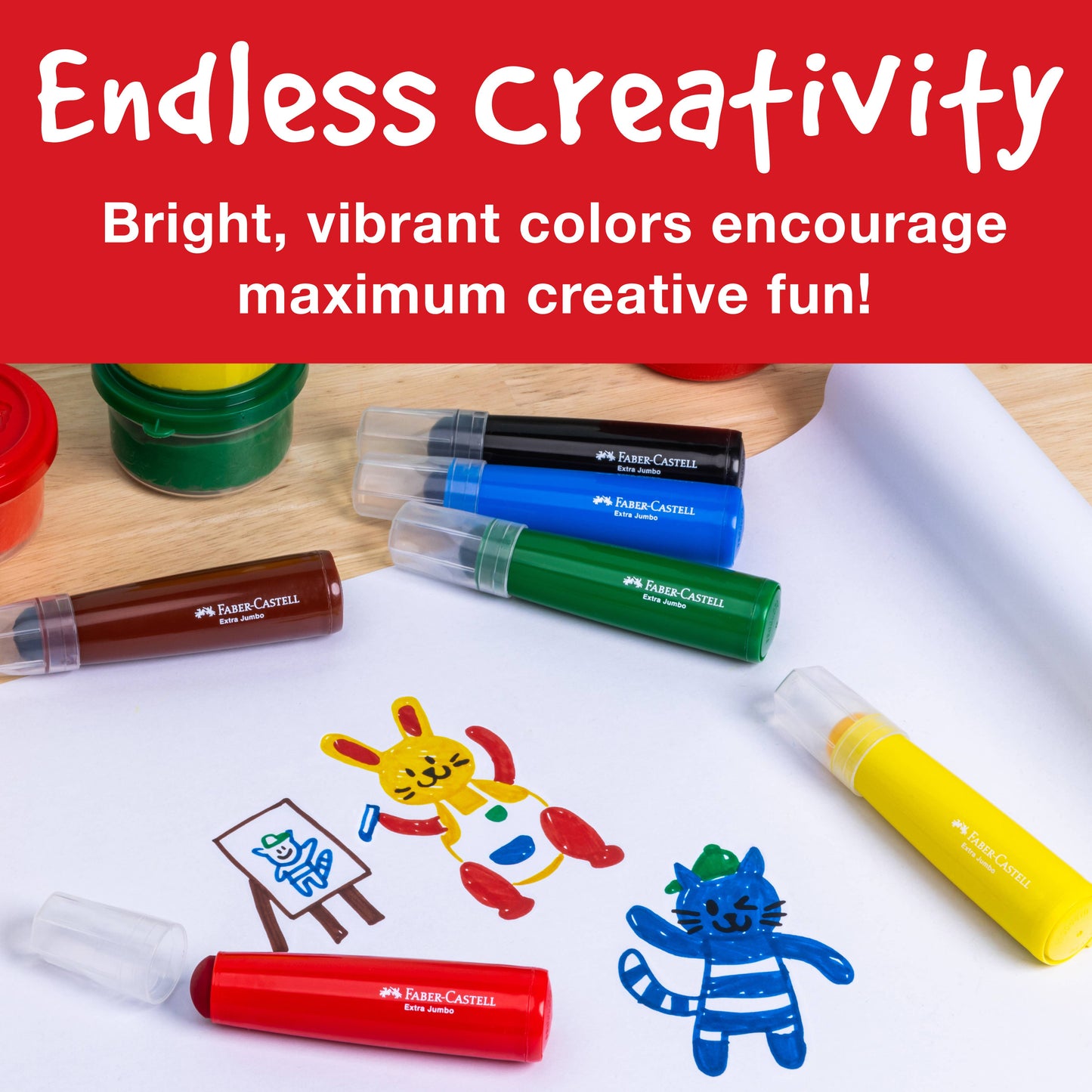 Colorful markers with children's drawings on a white sheet of paper, set against a red background with text about creativity.