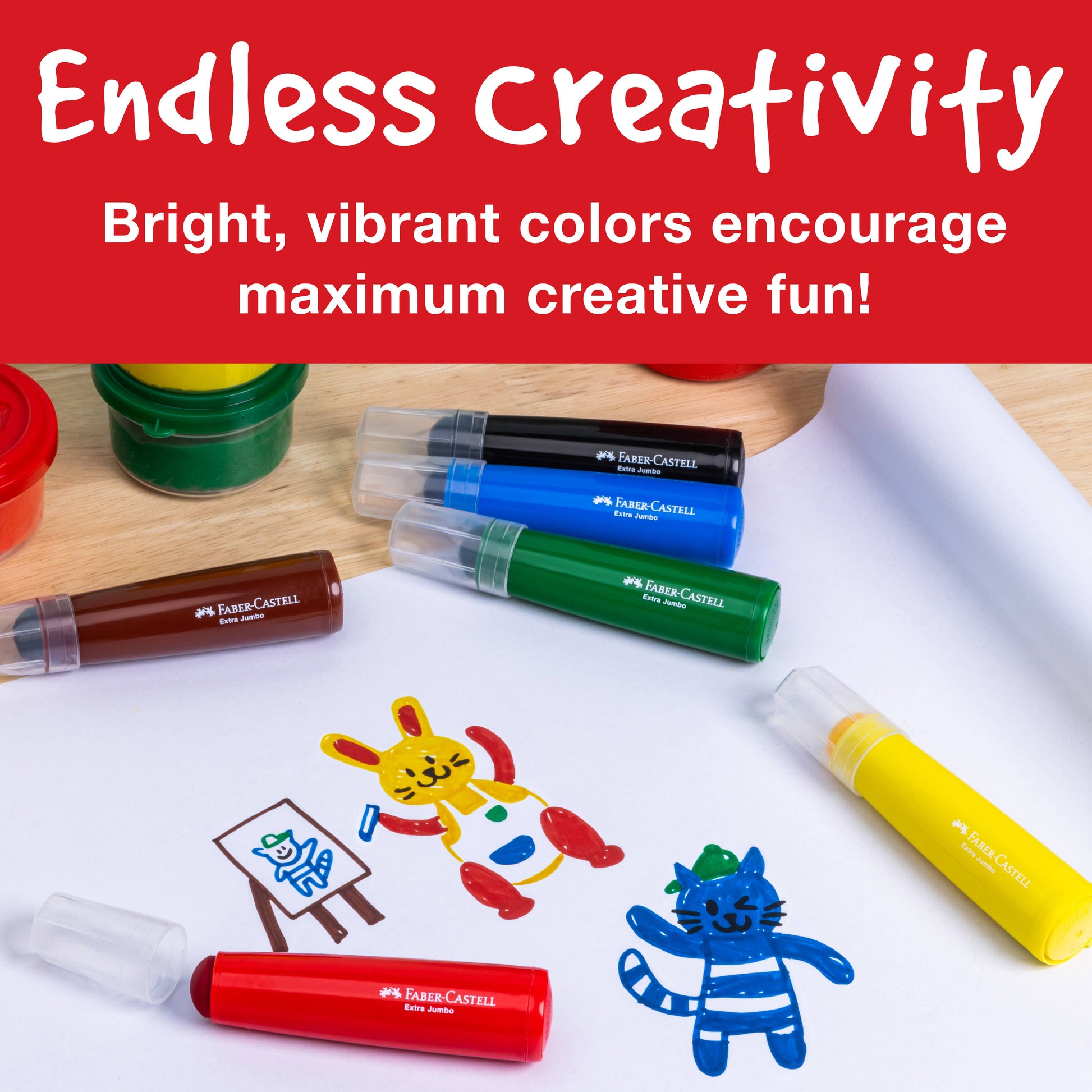 Colorful markers with children's drawings on a white sheet of paper, set against a red background with text about creativity.