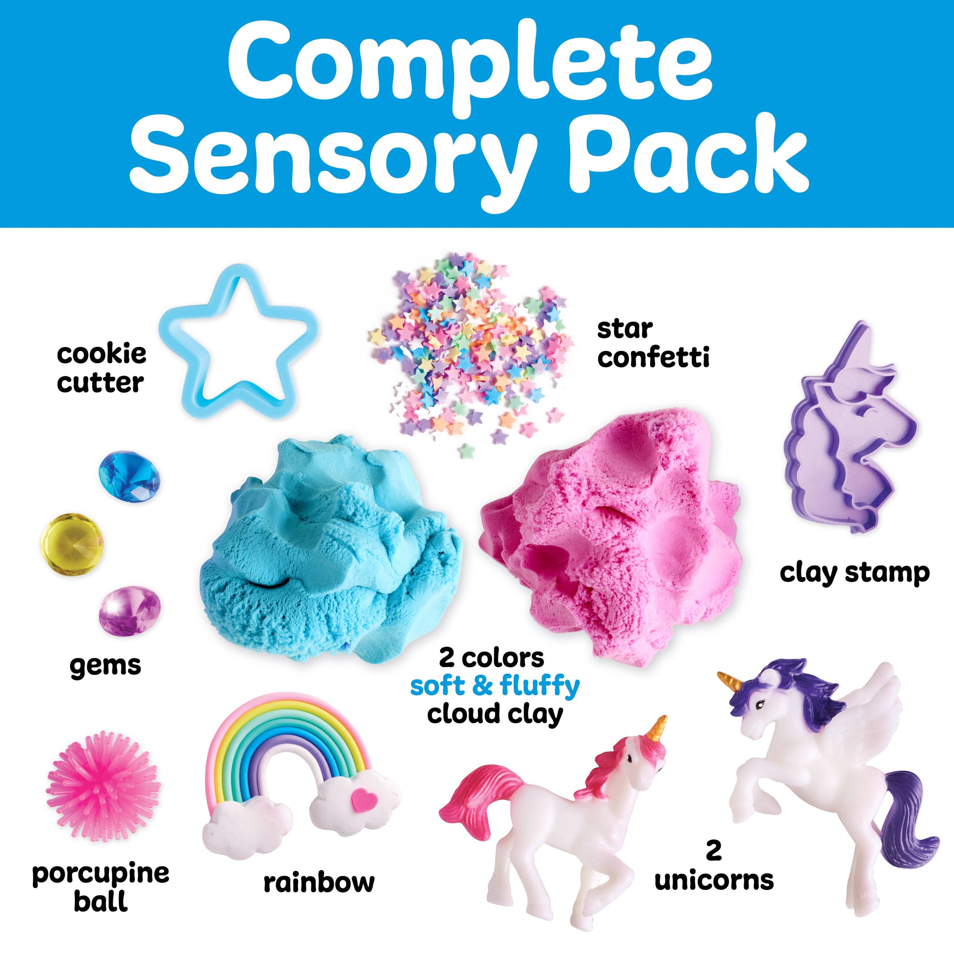 Complete sensory pack with various items including cookie cutter, star confetti, clay stamp, and more on a blue background.