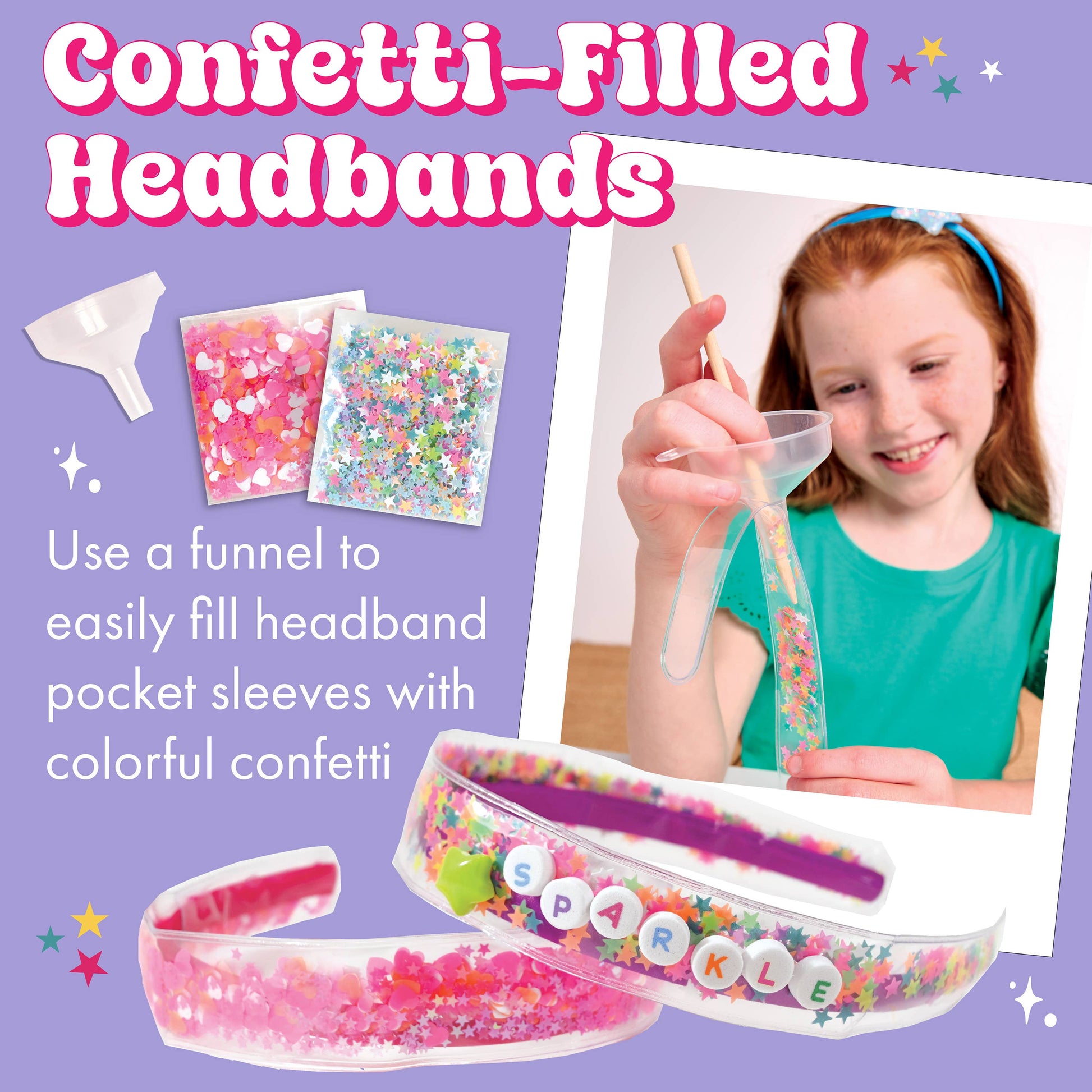 Confetti-filled headbands with a funnel and colorful confetti on a purple background