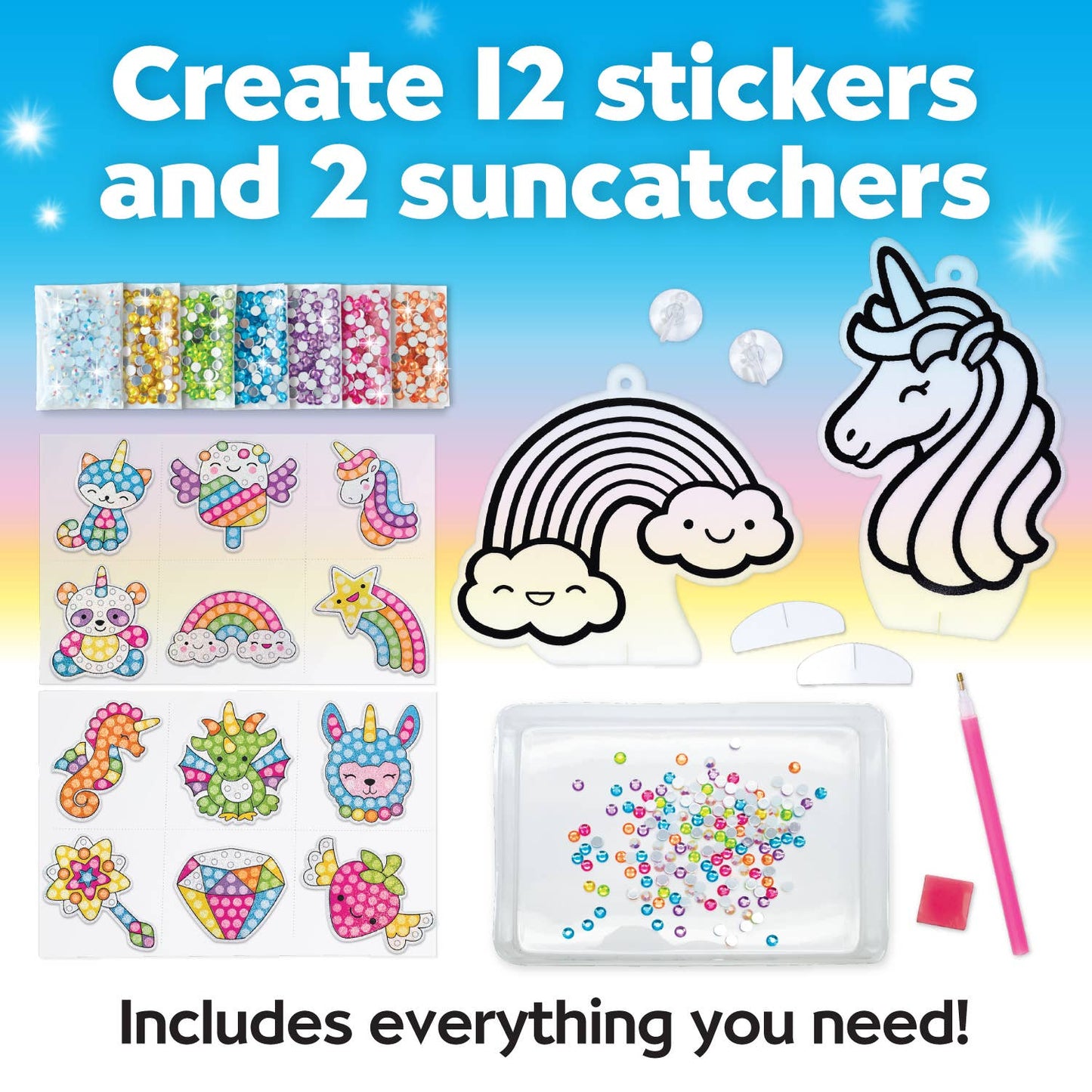 Craft kit with stickers, suncatchers, and materials on a colorful background