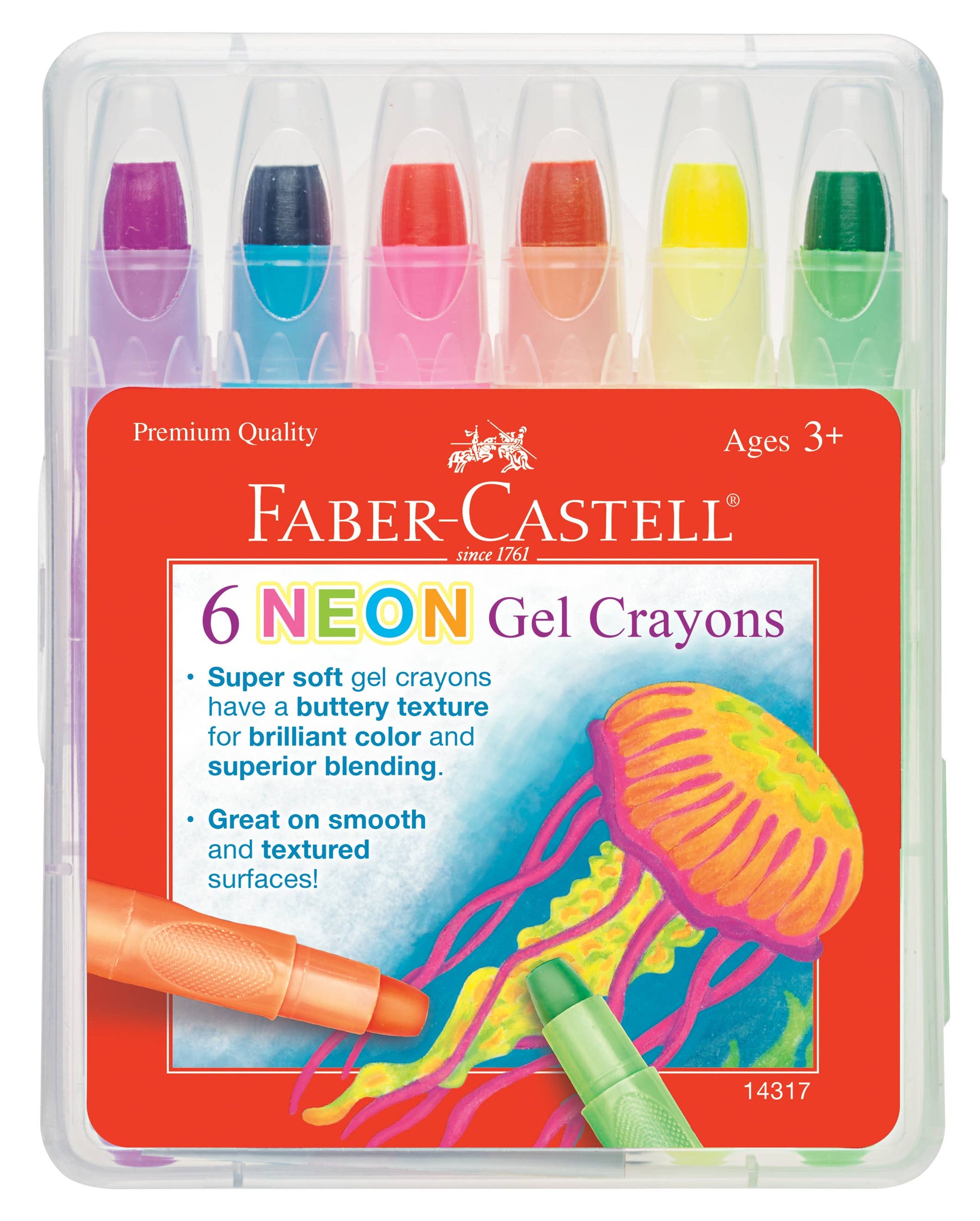 Faber-Castell neon gel crayon set with colorful packaging