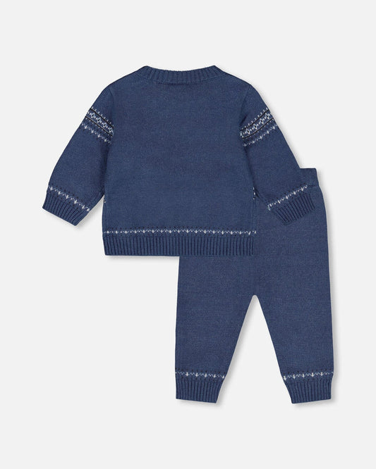 Deux Par Deux - Knitted Jacquard Sweater And Pant Set - Moonlight Blue