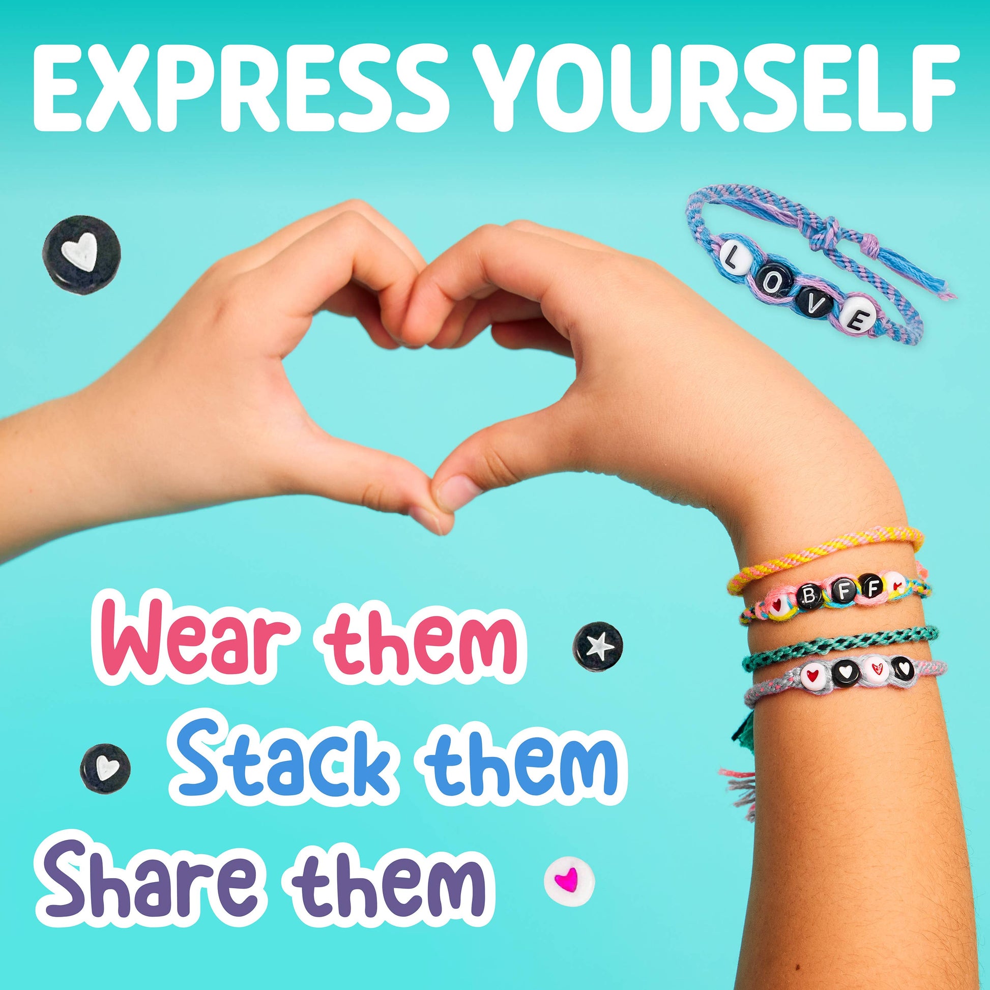 Hands making a heart shape with colorful bracelets on a turquoise background, featuring text about expressing self and wearing/stacking/share bracelets.