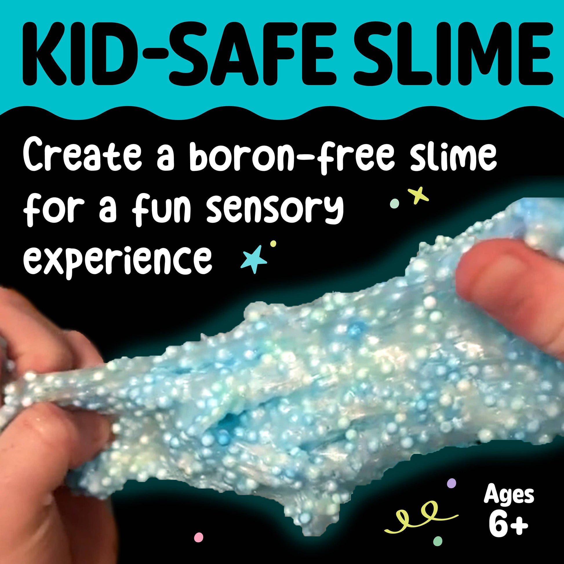 Hands stretching a stretchy, blue slime with white beads against a dark background.