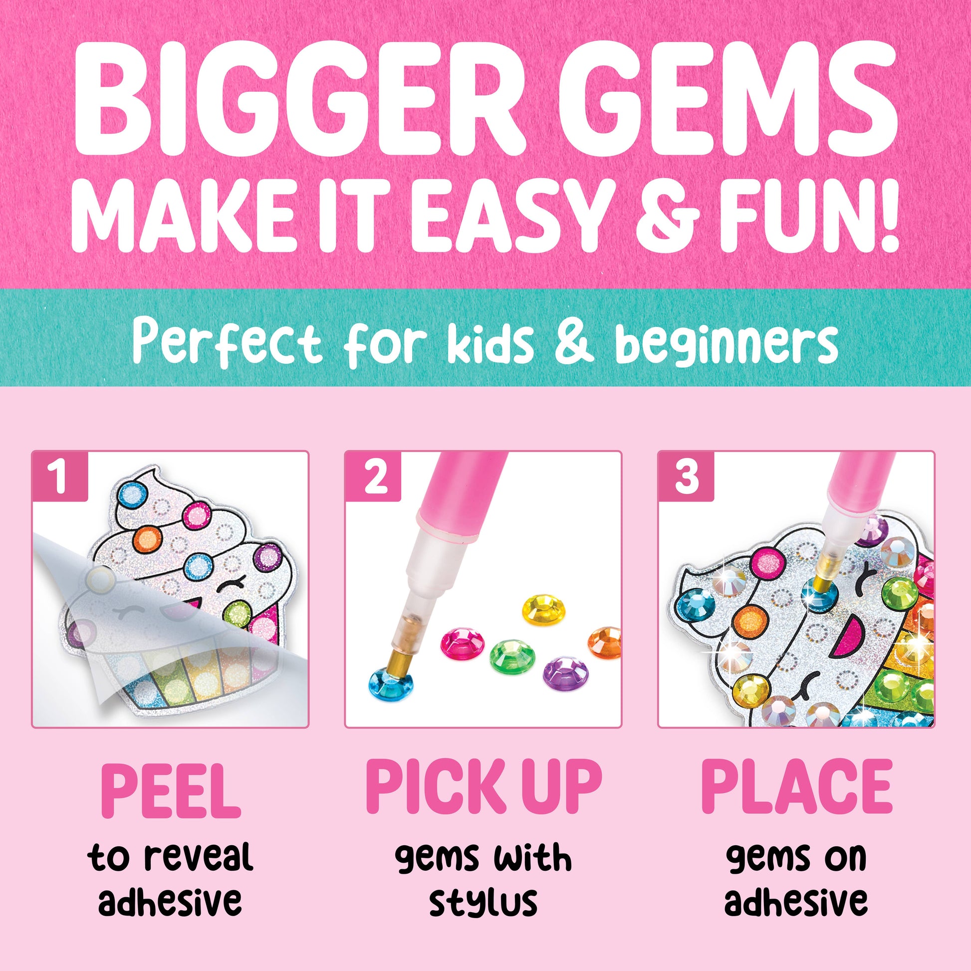 Instructions for a craft activity with 'Bigger Gems' on a pink background