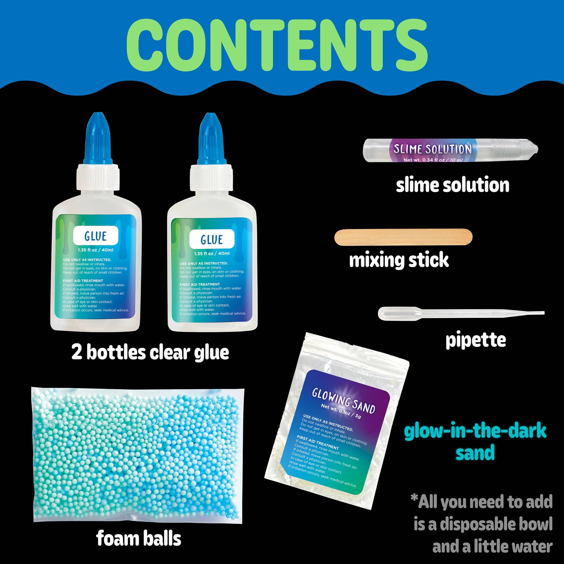 List of slime-making ingredients and tools with labels on a black background