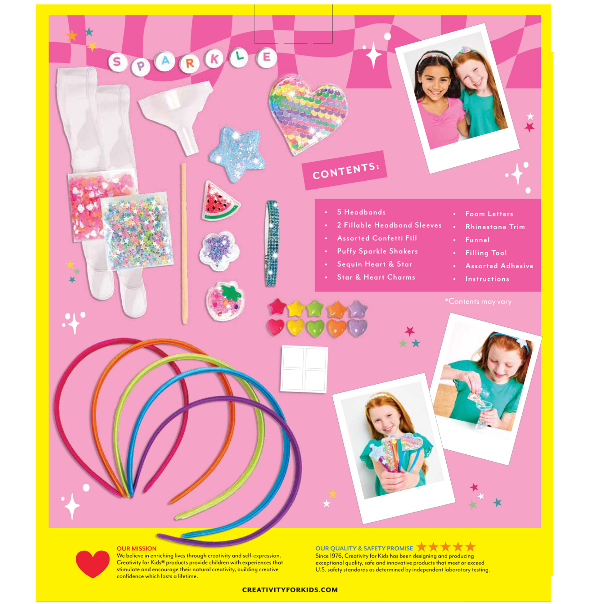 Product packaging for a children's craft kit with colorful headbands and accessories on a pink background.