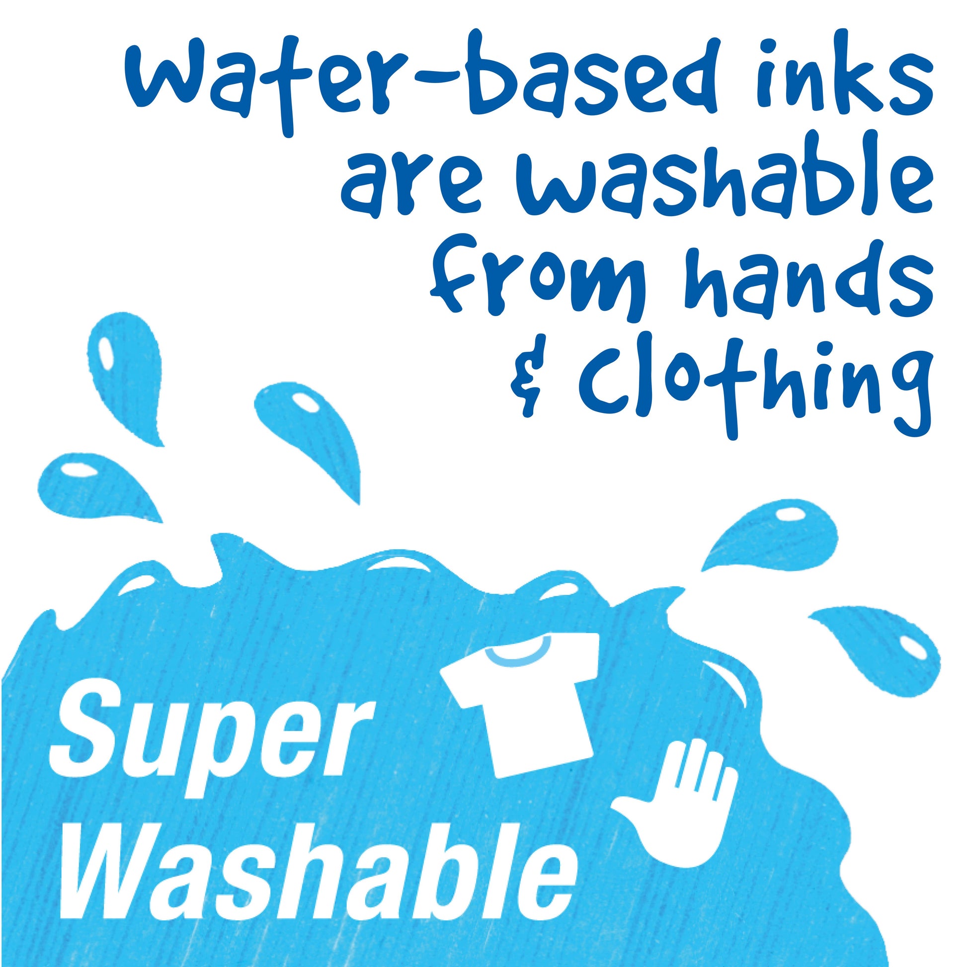 Promotional graphic about water-based inks being washable from hands and clothing.