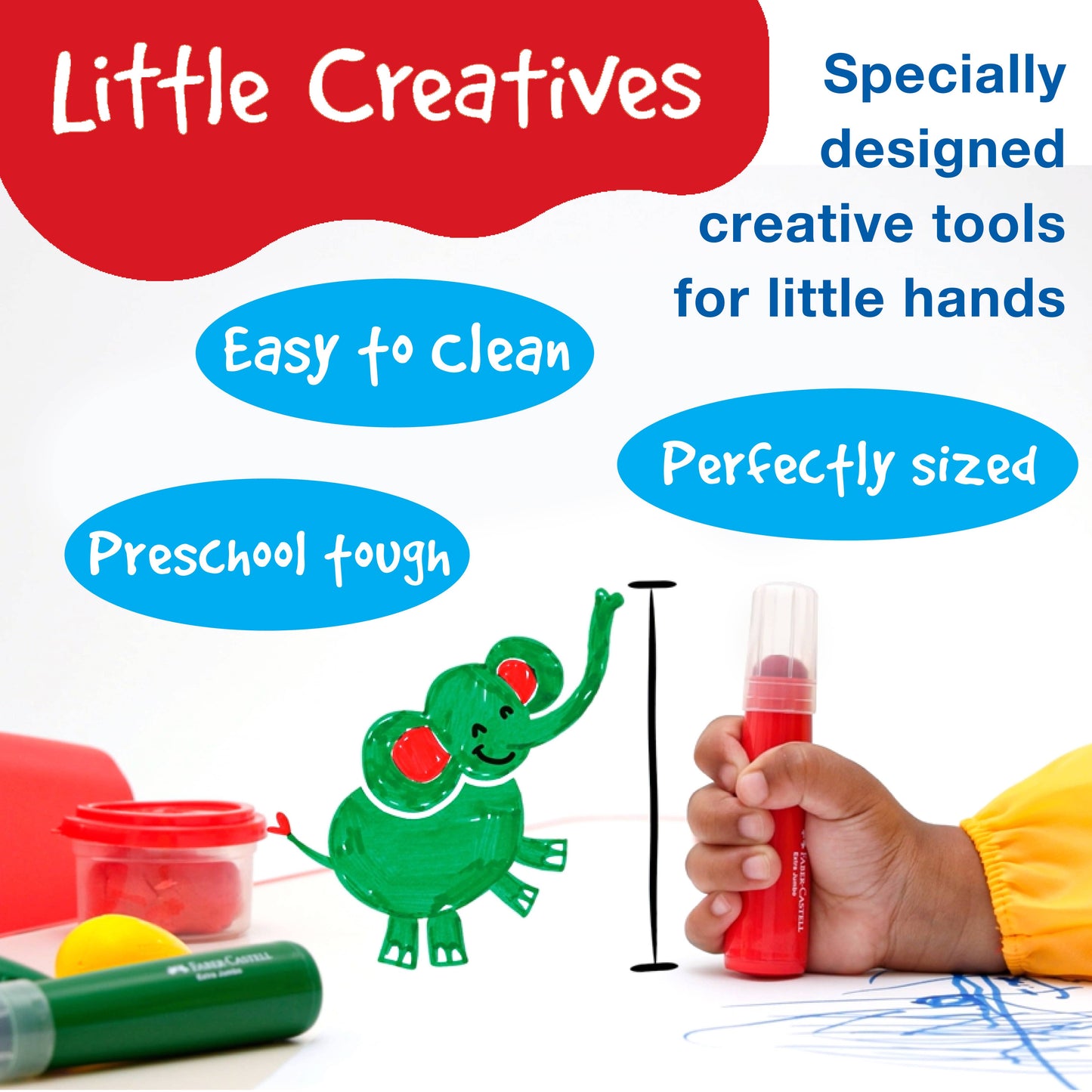 Promotional image of art supplies with 'Little Creatives' branding and text about product features.