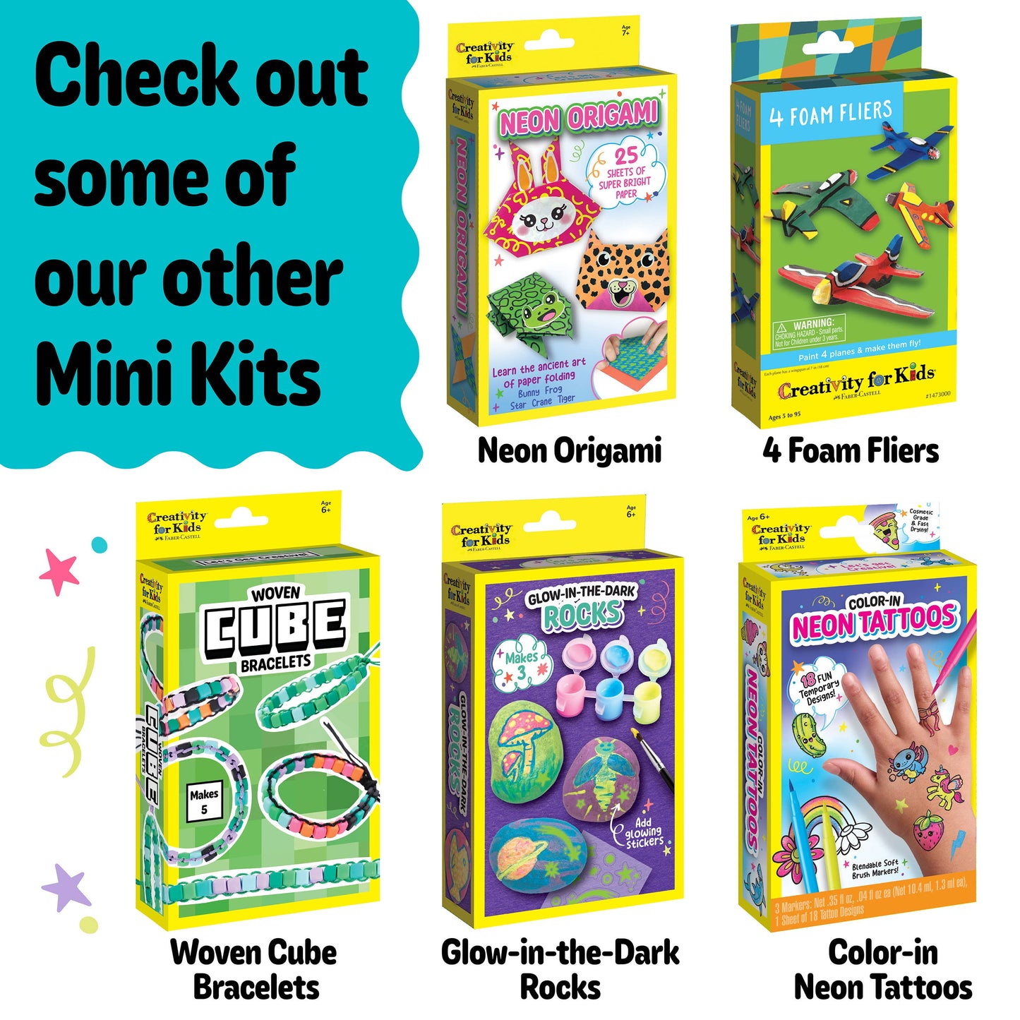 Promotional image of various mini kits with colorful packaging on a white background.