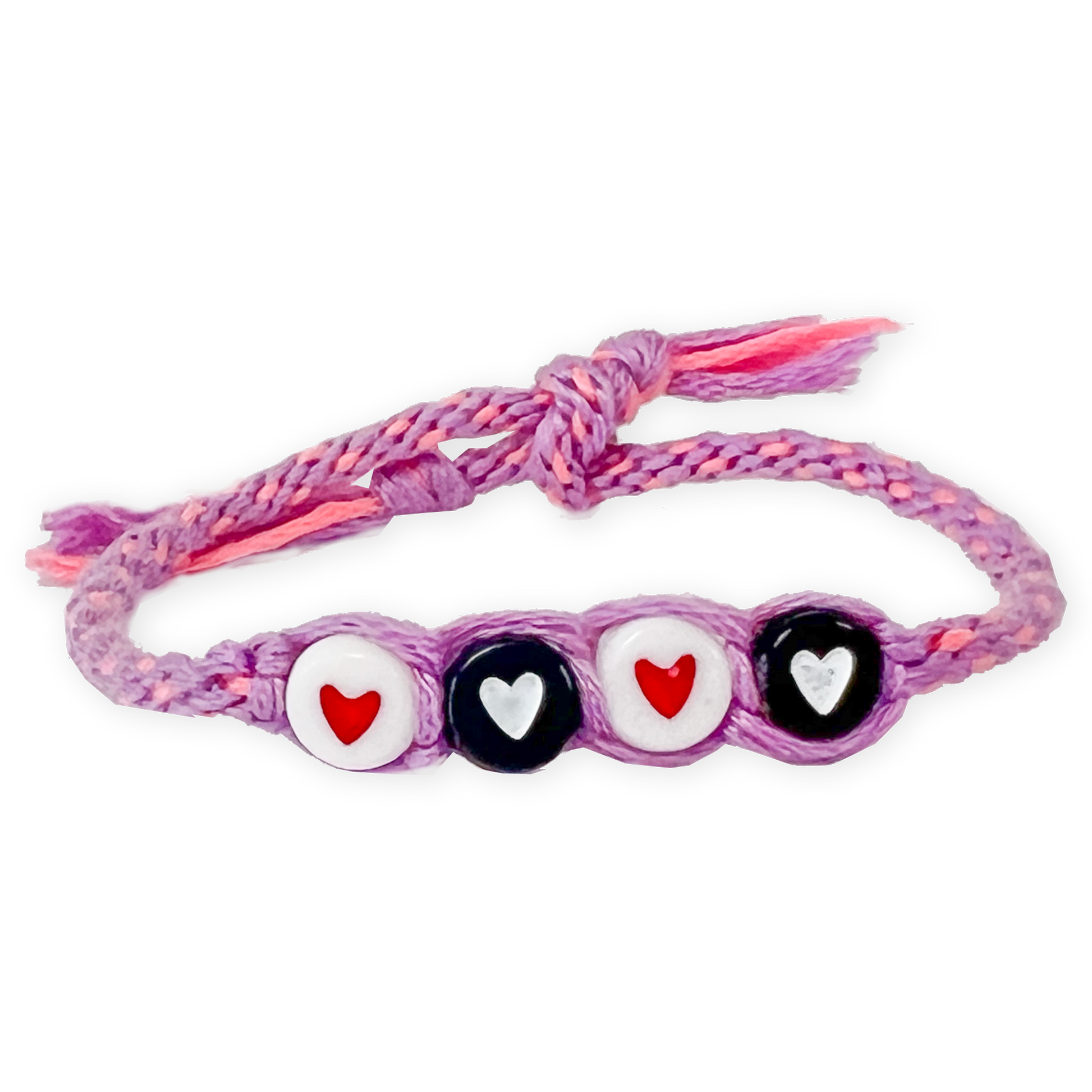 Purple braided bracelet with heart-shaped charms on a white background