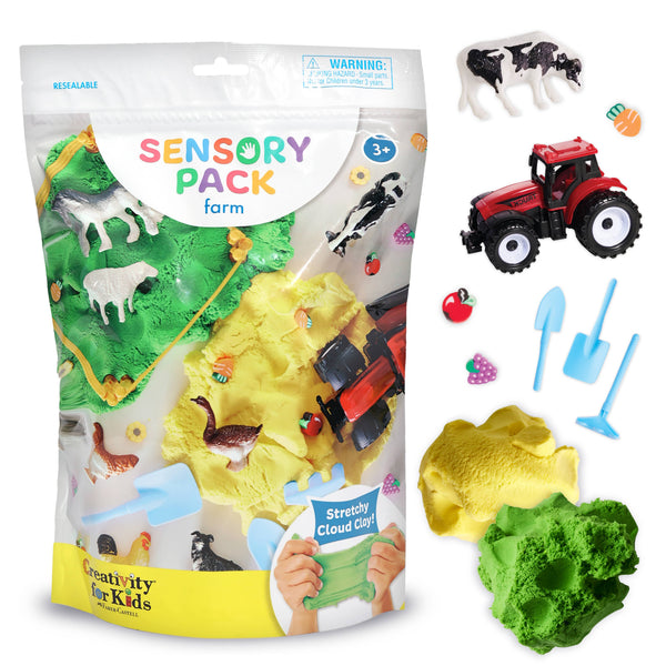 Sensory pack with farm-themed toys and activities, including a tractor, animals, and tools.