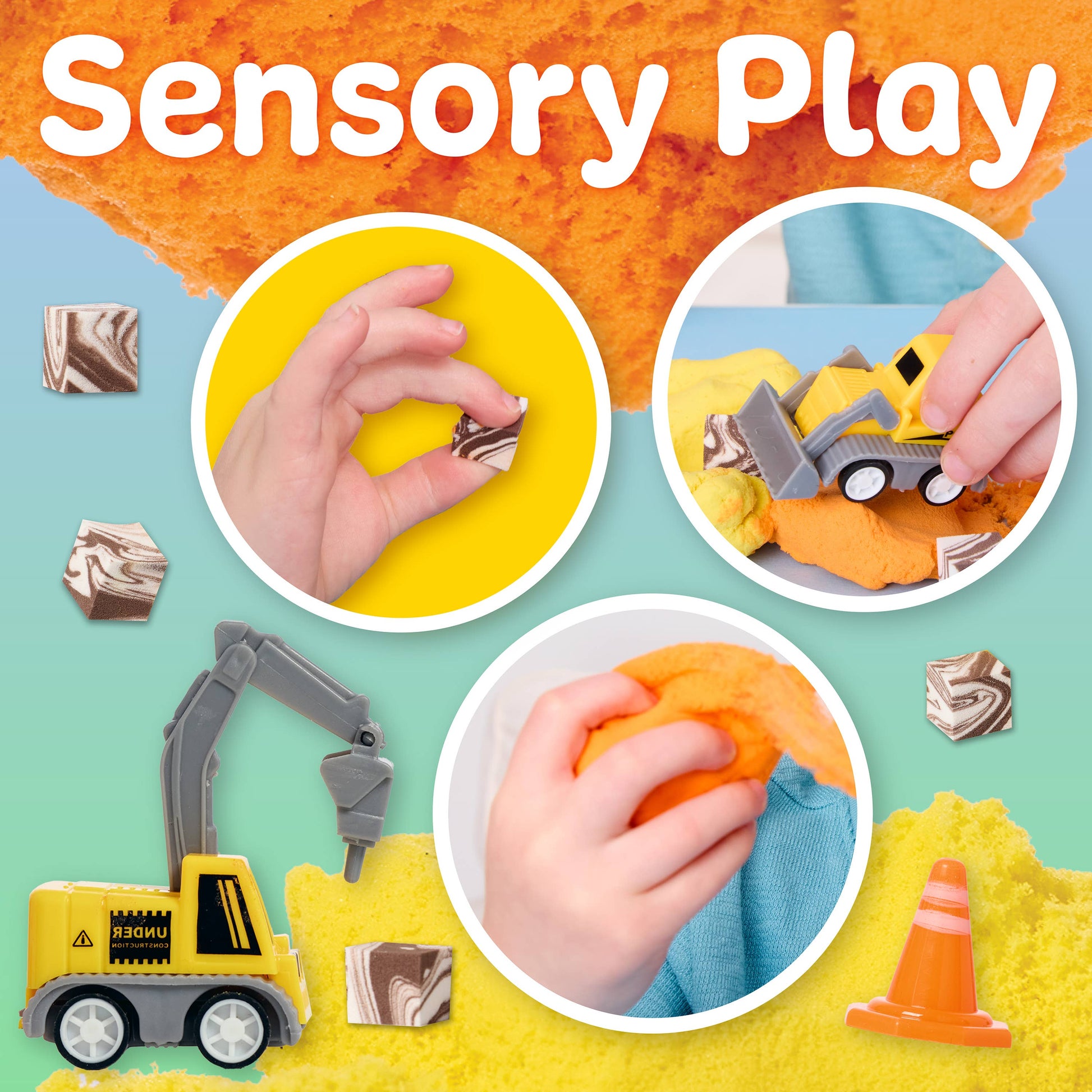 Sensory play activities with hands, toys, and construction-themed items on a colorful background.