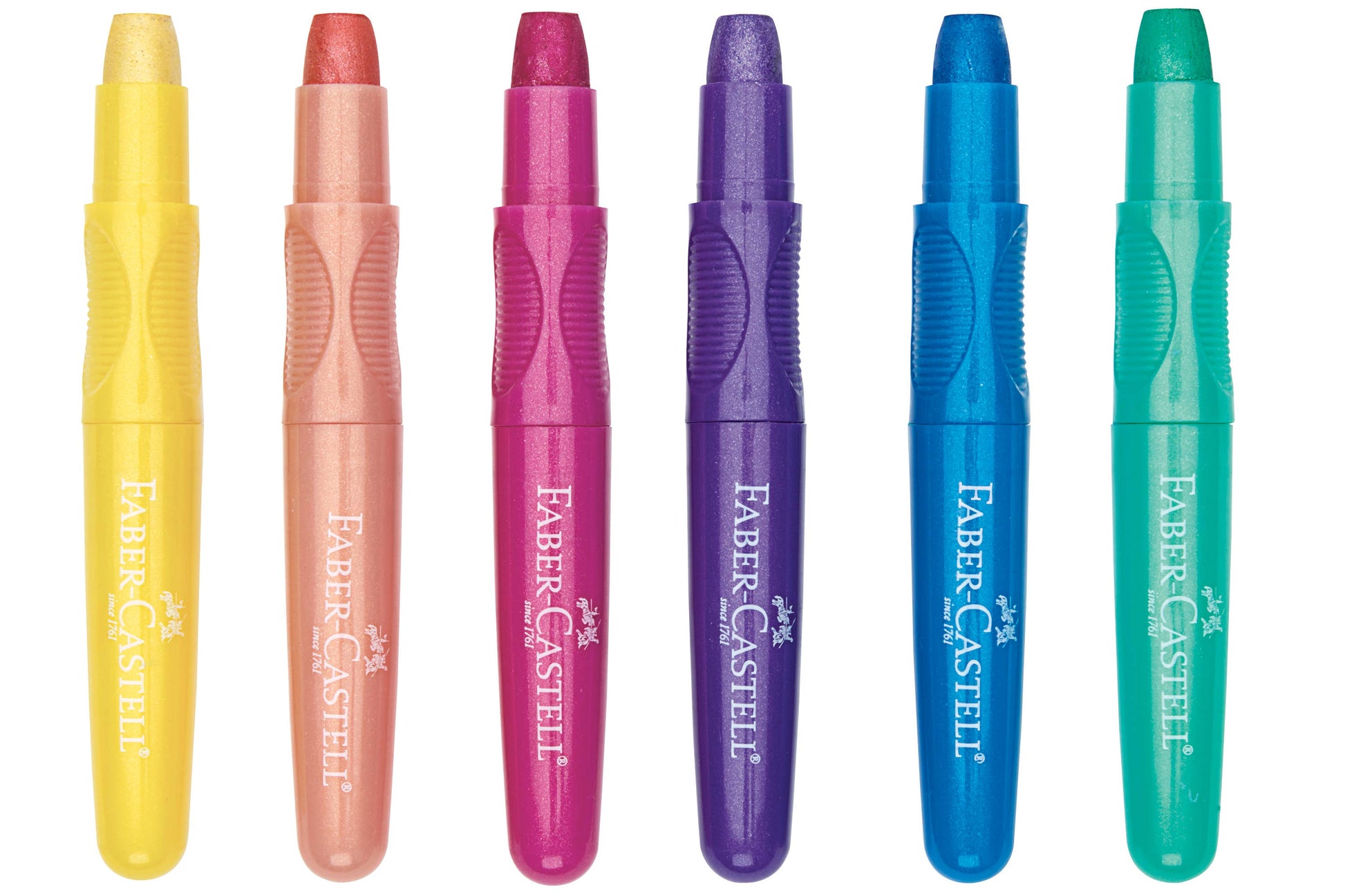 Set of six Faber-Castell crayons in different colors on a white background