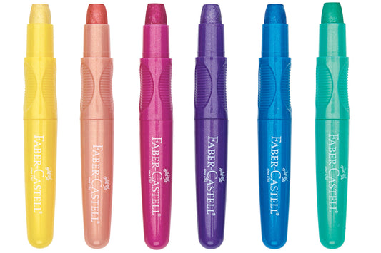Set of six Faber-Castell crayons in different colors on a white background