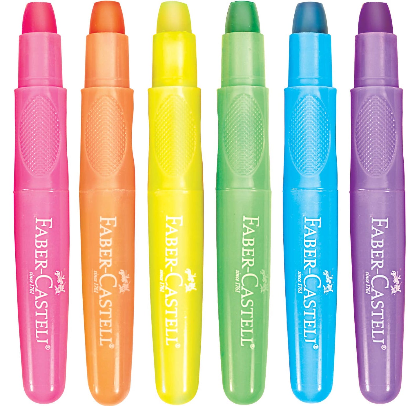 Set of six colorful Faber-Castell highlighters on a white background