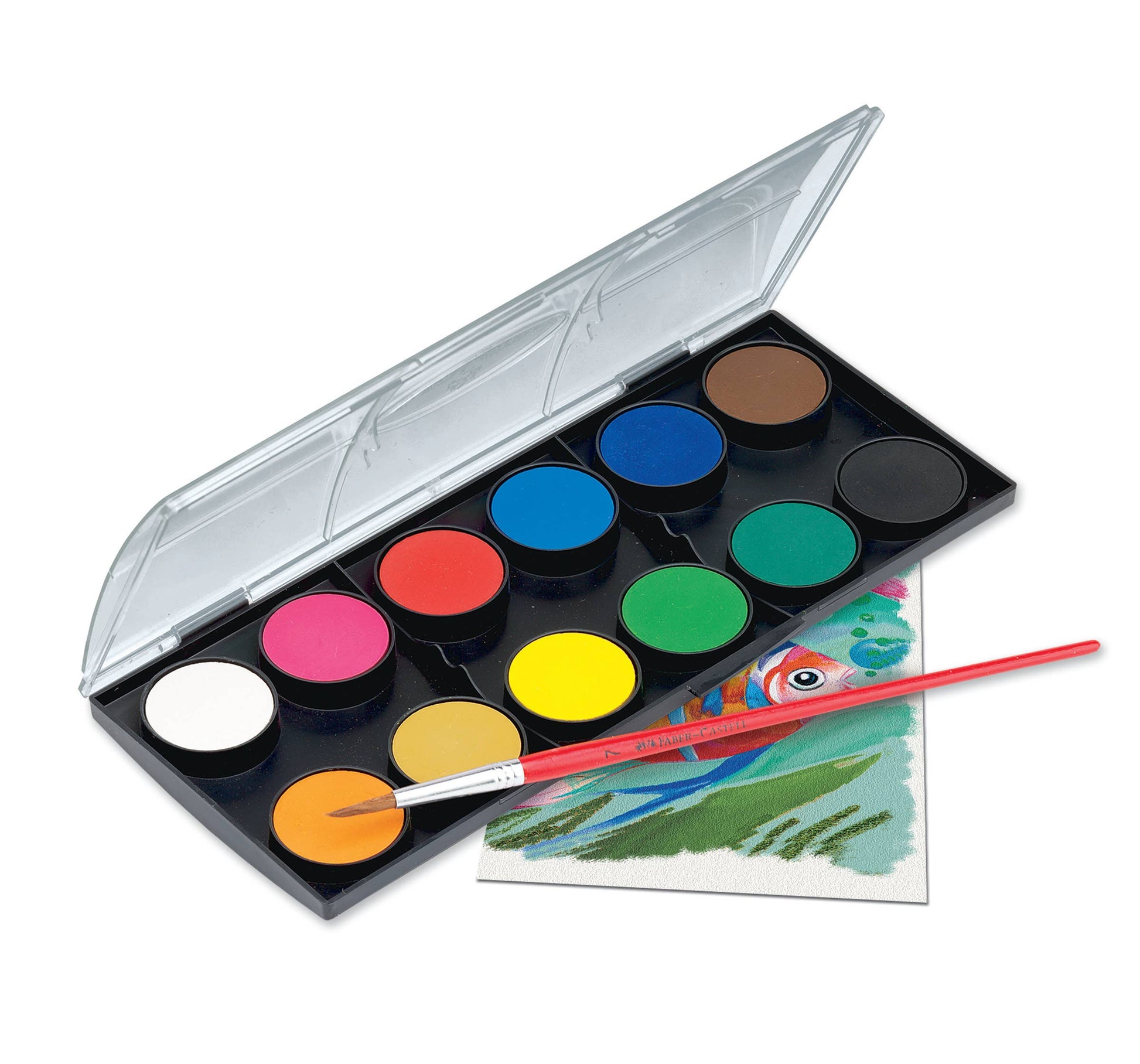 Set of watercolor paints with a brush and sample artwork on a white background