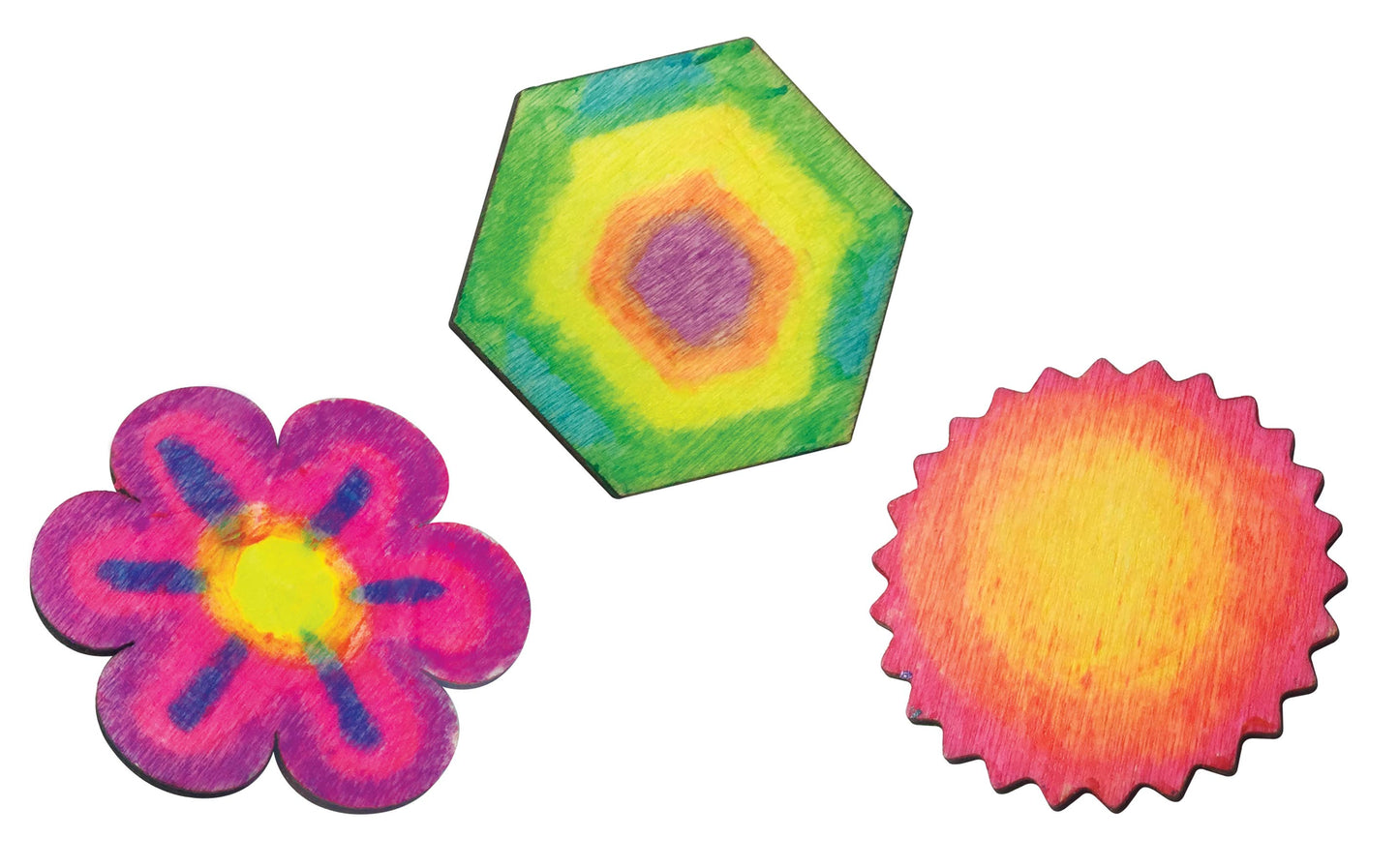 Three colorful geometric shapes on a white background