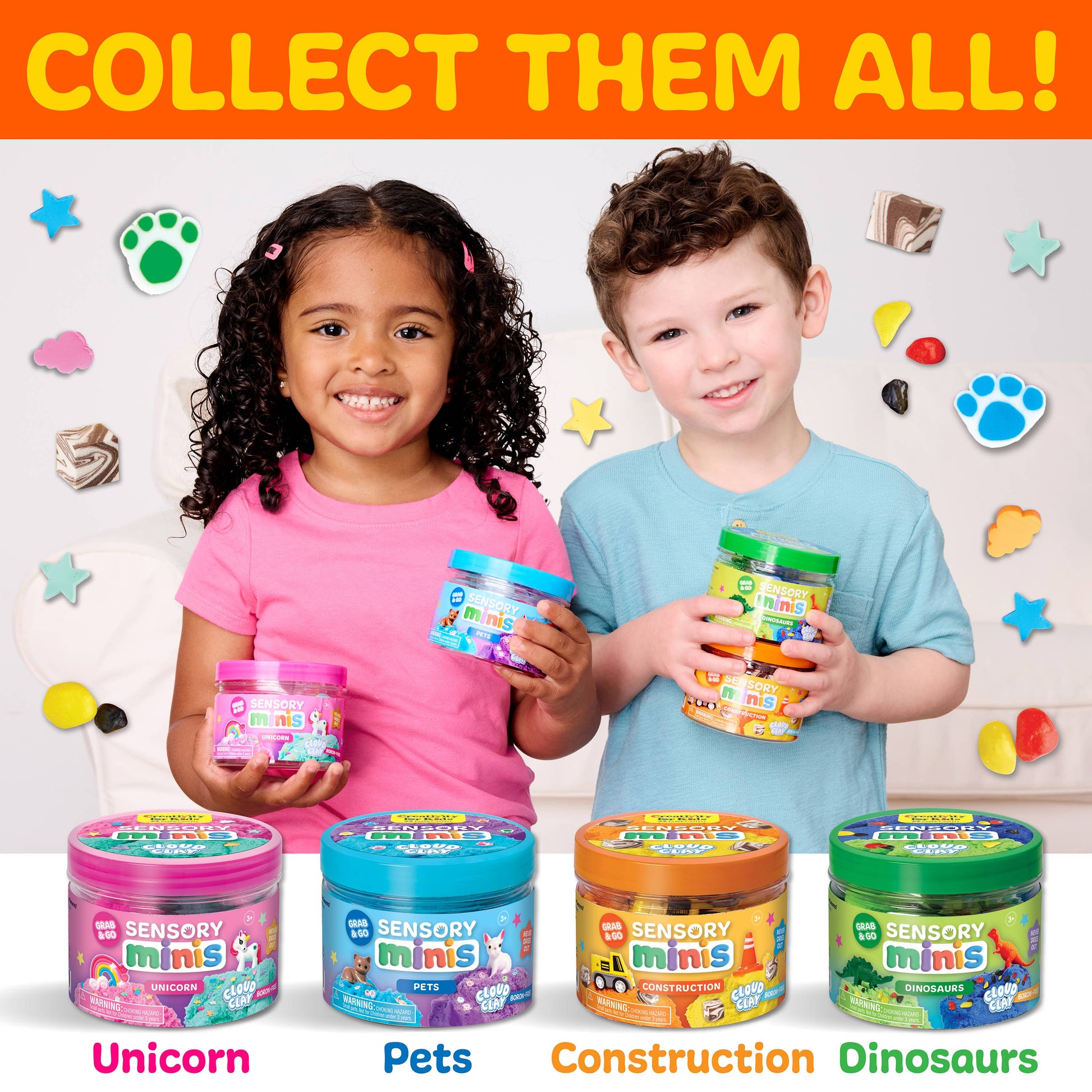 Two children holding sensory mini containers with colorful lids, surrounded by more containers and colorful icons on a white background. 1