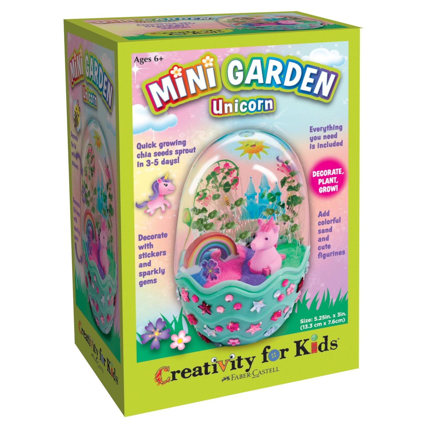 Unicorn-themed mini garden kit featuring a small pink unicorn figurine, rainbow, and chia plants inside a clear dome.
