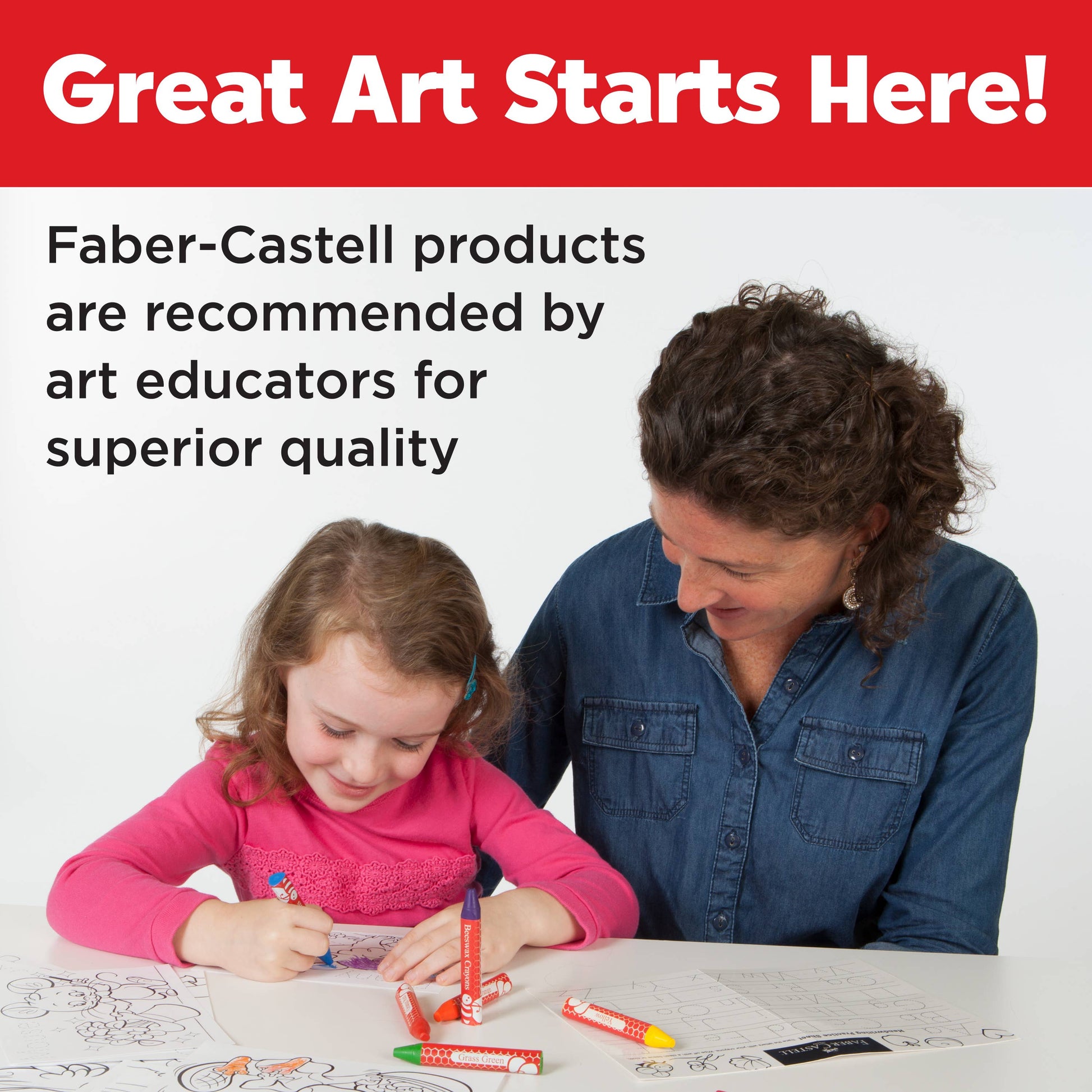 Woman and child drawing with markers, promoting Faber-Castell products.