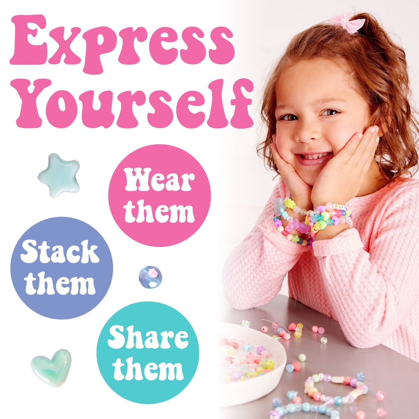 Young girl wearing colorful beaded bracelets with text 'Express Yourself', 'Wear them', 'Stack them', and 'Share them' on a white background.