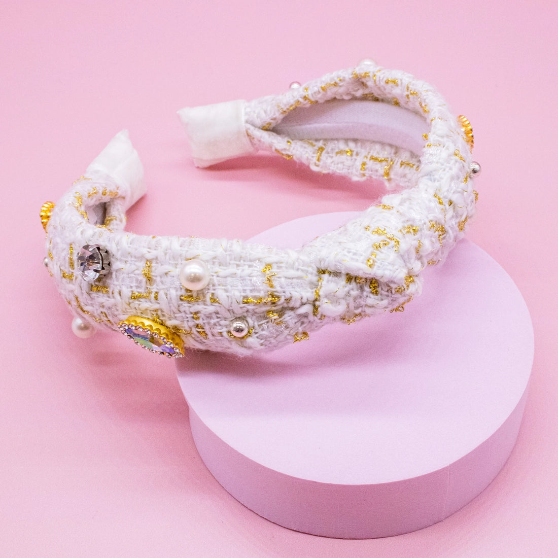 Frog Sac - Embellished Knot Headband - Tweed Rhinestone Pearl