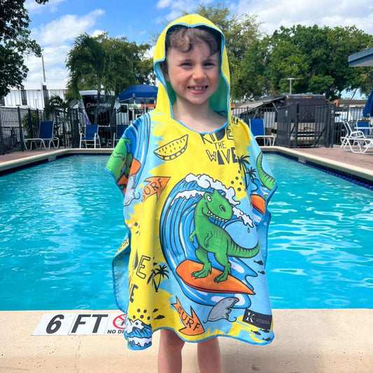 K5 - Children's Microfiber Poncho - Surfing Dinosaur