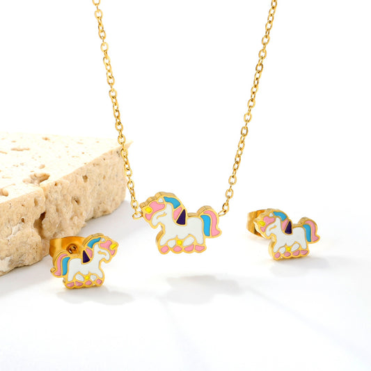 Oh! Cherise Unicorn Stainless Steel 18k Gold Plated Earring and Necklace Set